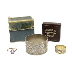 9ct gold stone set ring, silver napkin ring hallmarked Chester and a hallmarked silver gilt ring