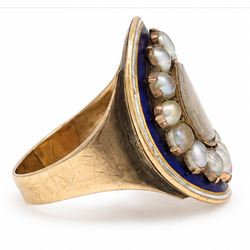 George III gold and enamel hairwork mourning ring, the glazed central woven hair panel surrounded by fifteen pearls, to a blue and white enamel ground, the reverse inscribed 'Sarah Johanna Holt, Obt. 11th July, 1796, AE:40', boxed