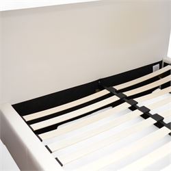 Contemporary upholstered double size bed frame, plain rectangular headboard and footboard upholstered in cream faux leather, sprung beech slatted base raised on concealed feet