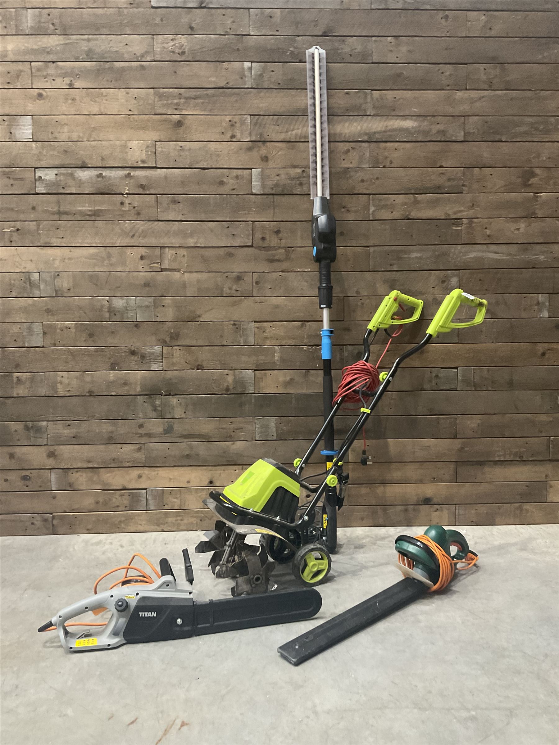 GardenGear electric tiller, MacAllister hedge trimmer, Titan electric chainsaw, and a hedge trimmer