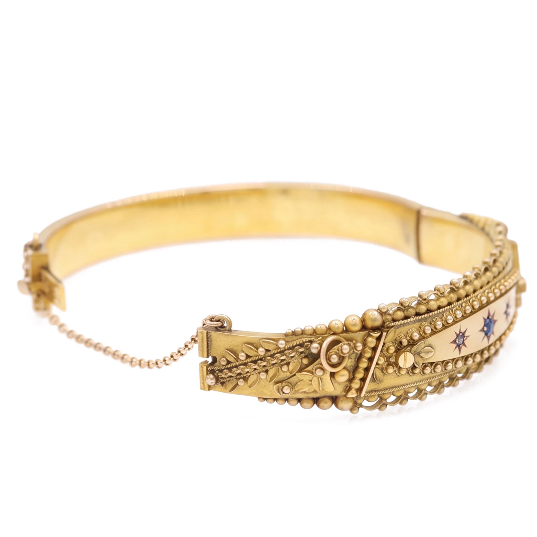 Early 20th century 9ct gold sapphire and diamond three stone hinged bangle, with fancy wirework and bead decoration, Birmingham 1919