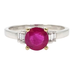  White gold round ruby ring, with baguette diamond shoulders, hallmarked 18ct, ruby approx 0.8 carat  