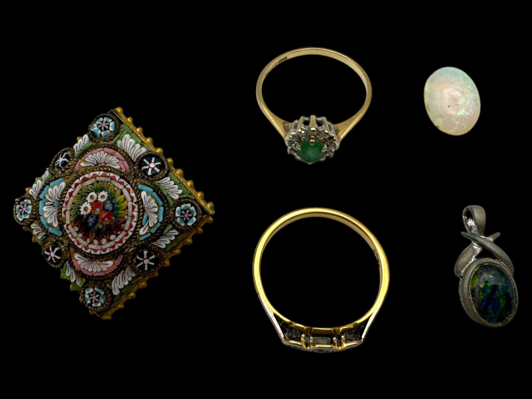 9ct gold emerald and diamond cluster ring, hallmarked, 18ct gold three stone diamond ring, silver stone set pendant, loose opal and a micro mosaic brooch