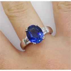 18ct white gold oval sapphire ring, with tapered baguette diamond shoulders, sapphire approx 4.15 carat