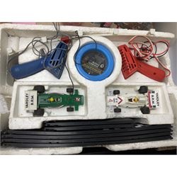 Scalextric - Porsche Power Set; boxed; Subaru Competition Rally Set (track and controllers only); boxed; Formula 1 Racing Car Set; polystyrene box base only; together with large quantity of track in four boxes; and quantity of accessories including vehicles, part vehicles for spares or repair, fencing, bridge, spare controllers etc