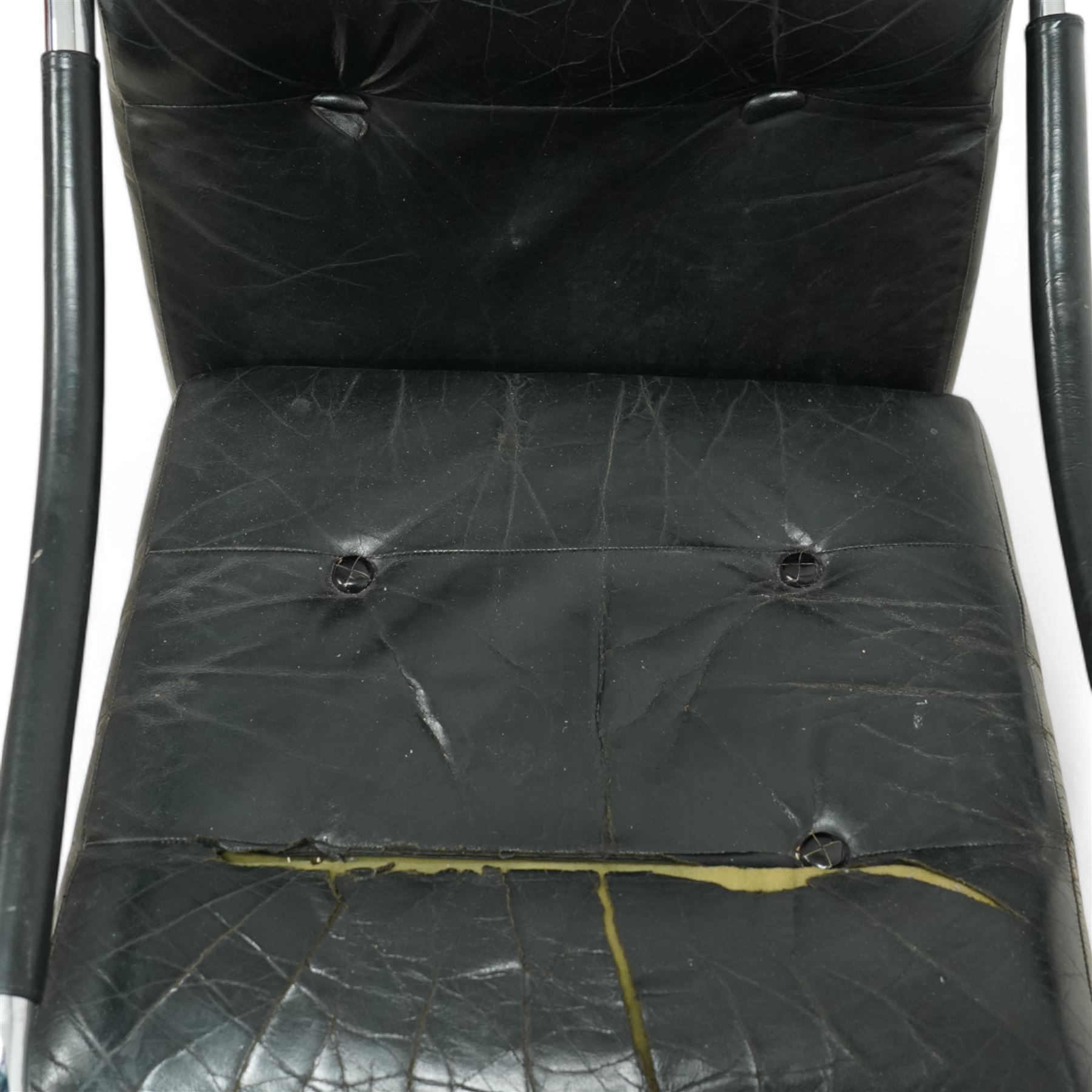 Pieff - circa. 1970s chrome framed armchair with black leather upholstered cushions (W60cm); together with a mid-20th century chrome framed chair in the manner of Mart Stam (W55cm)