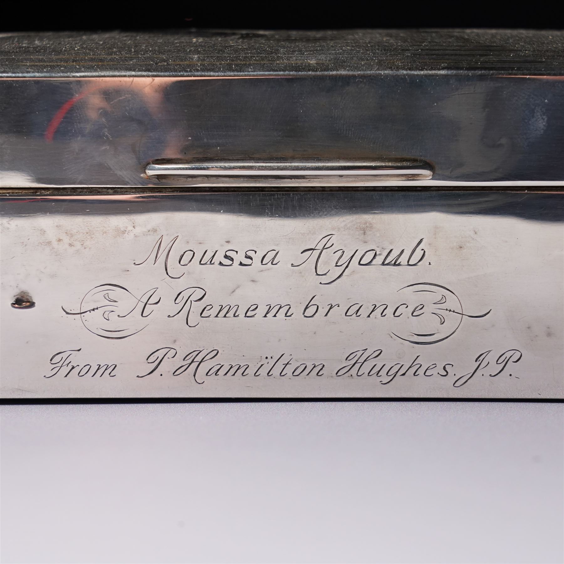 Silver rectangular cigarette box with engine turned cover engraved with initials and presentation inscription W19cm London 1921 Maker Charles & Richard Comyns