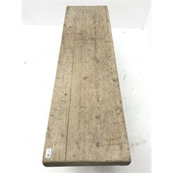 *Rustic pine bench with thick plank top on trestle supports, L135cm, H46cm, D38cm