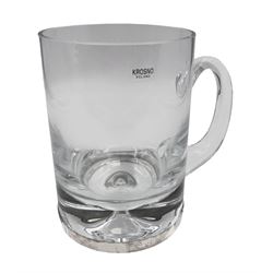 Modern silver mounted crystal tankard, with plain crystal body and C handle, the base with encased in a silver band, hallmarked 	Laurence R Watson & Co, Birmingham 2003, H14cm, boxed