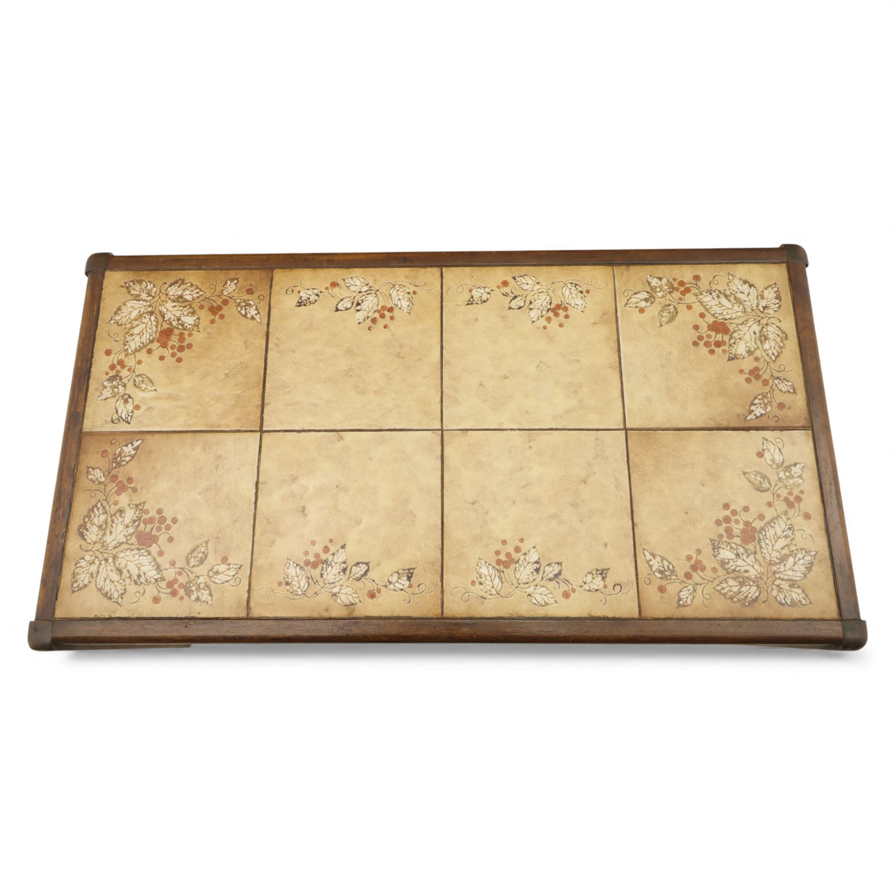 Mid 20th century living room furniture, comprising of a pair of Nathan teak dining chairs, each with curved open backrests and shaped seats, together with a Danish teak coffee table, rectangular top inset with decorative ceramic tiles, on square tapered supports
Chairs (H 73cm, W 48cm)
Table (H 41cm, W 81cm, D 47cm)