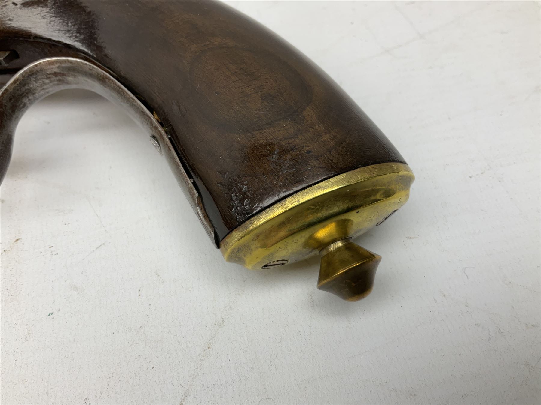 SECTION 1 FIREARMS CERTIFICATE REQUIRED OR REGISTERED FIREARMS DEALER - Pair of Reproduction Continental .44 calibre percussion target pistols, each with heavy 23.5cm octagonal to round barrel bearing various marks, crude scroll engraving to lock plate, hammer and octagonal section of barrel, unchequered walnut stock with brass butt plate and steel hooked trigger guard, numbered 8138 & 8164, L41.5cm overall; in maroon baize lined converted sapele mahogany fitted case bearing reproduction trade label for Trulock & Son Dublin containing small copper powder flask, steel scissor action bullet mould, nipple key, turned wooden mallet and lidded box, steel rammer and wooden cleaning rod, case L48cm