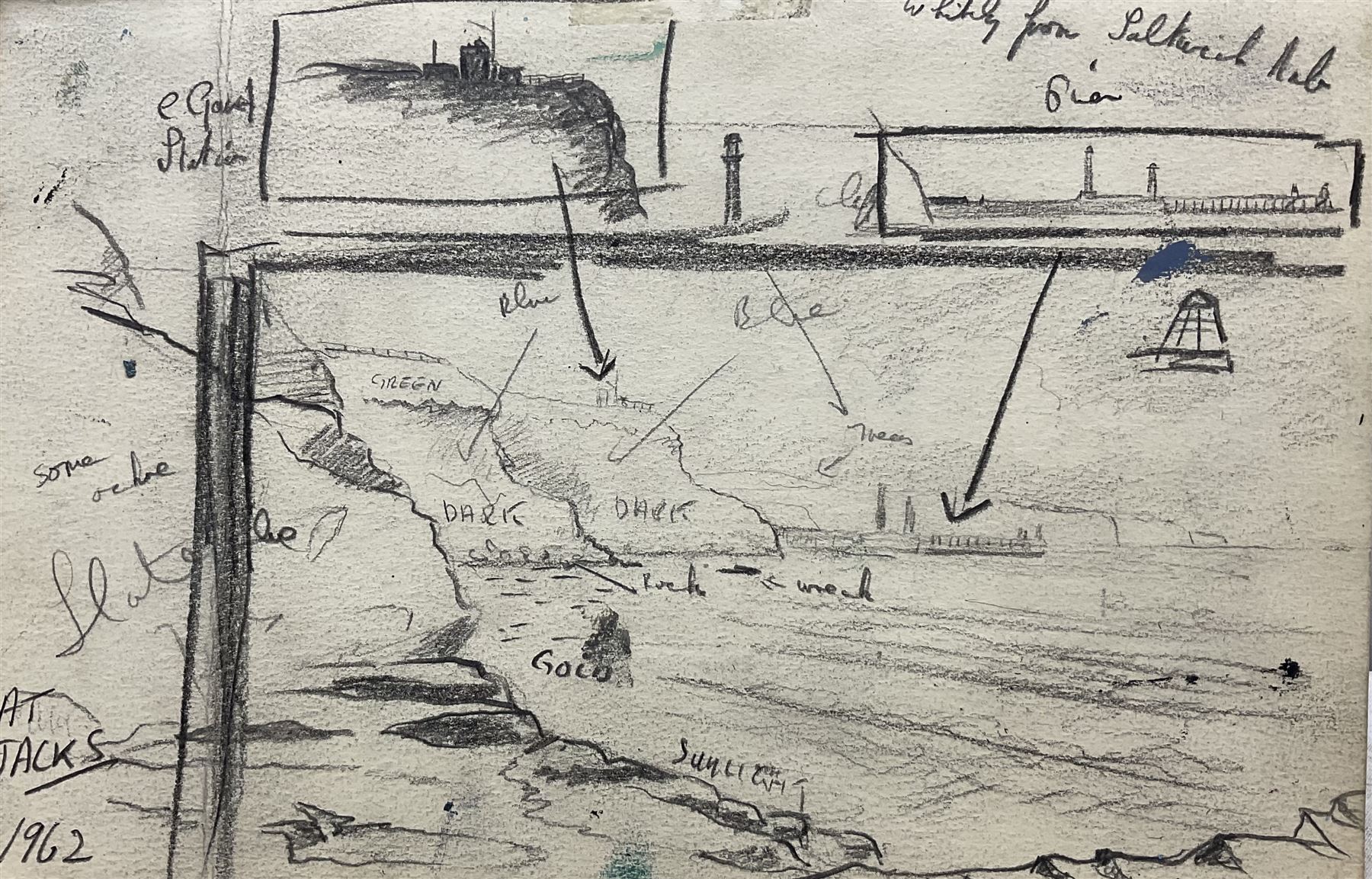 Jack Rigg (British 1927-2023): Preliminary sketch for ''Whitby Piers from Saltwick Nab', pencil unsigned, variously inscribed and dated 1962, 17cm x 25cm (unframed)