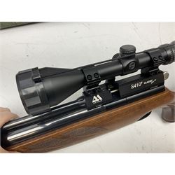 Air Arms Model S410F Classic .177 multi-shot compressed air rifle with bolt action, underside pressure gauge, chequered pistol grip, moderator and Hawke Sport HD 3-9x50 scope L112cm; in Anglo Arms camouflage sleeve with spares, tool kit, magazine and instruction manual