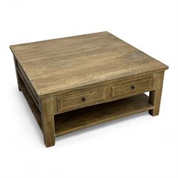 Modern solid wood coffee table, square form with plank-effect top, two sets of twin drawer...