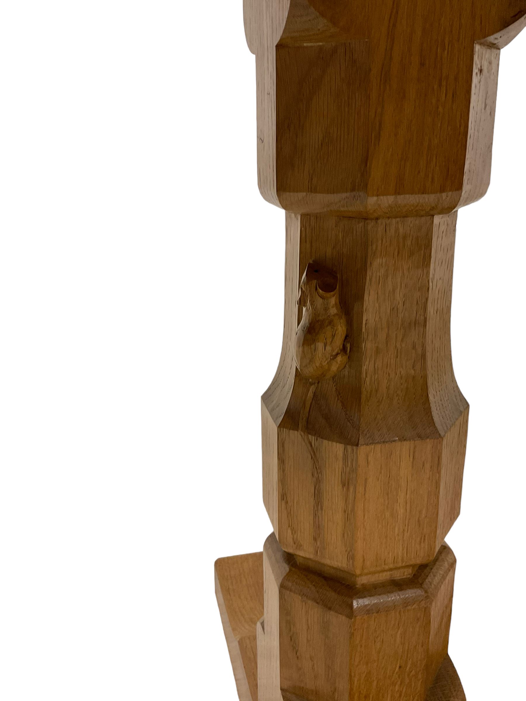 Mouseman - oak 6' refectory dining table, rectangular adzed and pegged top, two octagonal pillar supports on sledge feet joined by floor stretcher,  carved with mouse signature, by the workshop of Robert Thompson, Kilburn