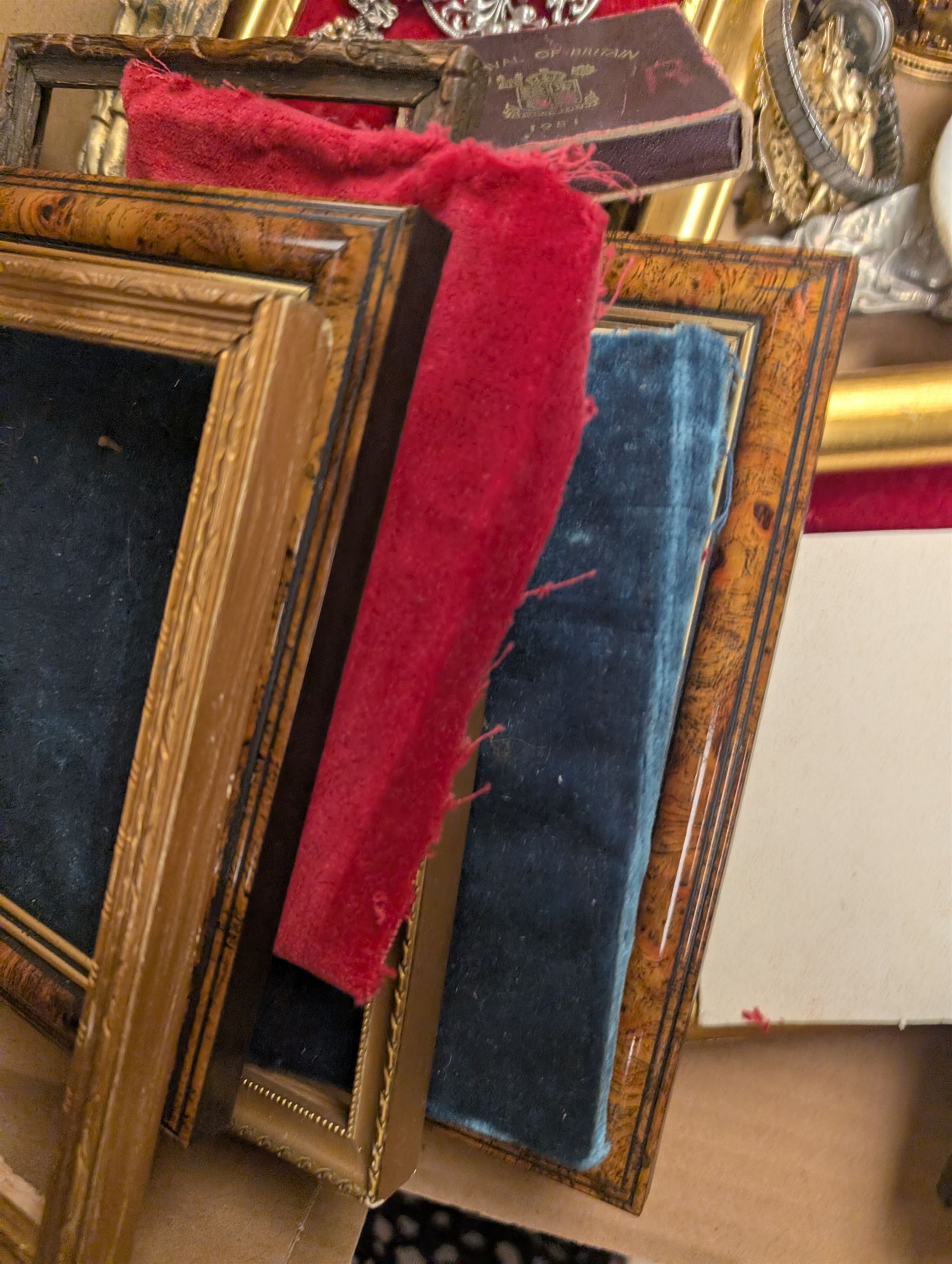 Brass easels, onyx box, frames, costume jewellery, pen nibs, etc, in two boxes