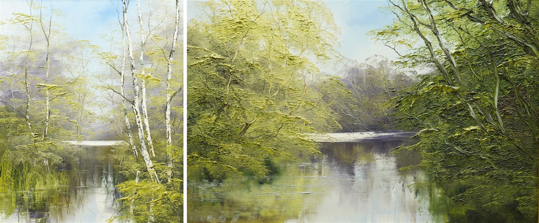 Terence 'Terry' Evans (British 1943-): River Landscape with Silver Birch Trees, pair oils with impasto on canvas signed max 50cm x 75cm (2)
Provenance: with Newquay Galleries