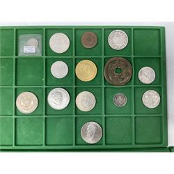 Coins and medallions including, York 1811 one shilling cattle and barber silver token, United States of America 1883O silver Morgan dollar, birds of destiny medal by Malcolm Appleby, Great British King George V 1930 halfcrown, King Edward VII 1902 silver medal, King George V 1916 halfcrown etc, housed in a case with lift out green coin trays