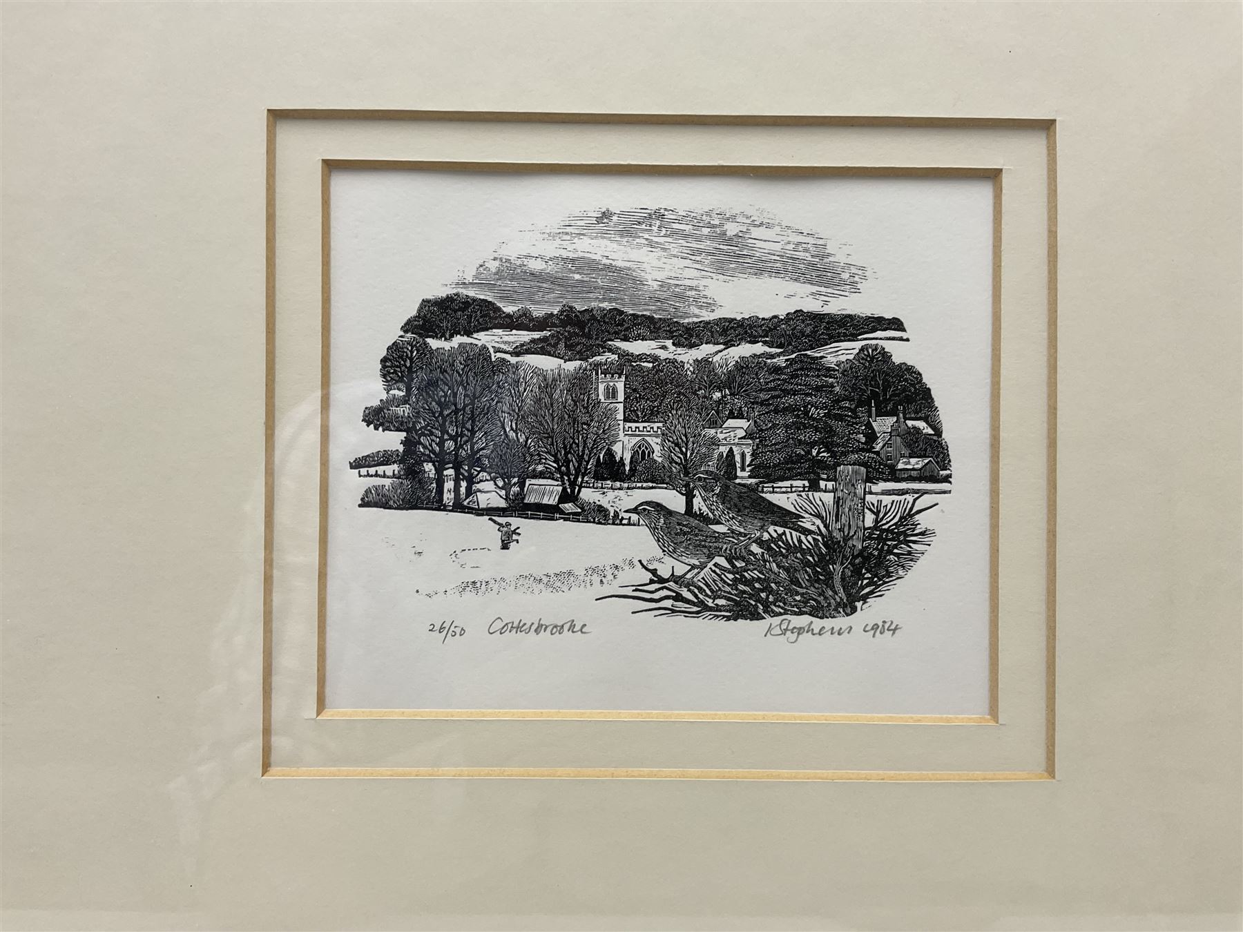 Ian Stephens RE (British 1940-): 'Cosgrove Mill' and 'Cottesbrooke', pair wood engravings signed and titled, dated 1983 and 1984 and numbered 22/50 and 26/50, respectively, 10cm x 13cm; Elaine Marshall (British Contemporary): 'Trinity Garden, Greenwich Riverwalk 1', coloured etching with aquatint signed titled and numbered 26/100 in pencil 23cm x 16cm (3)