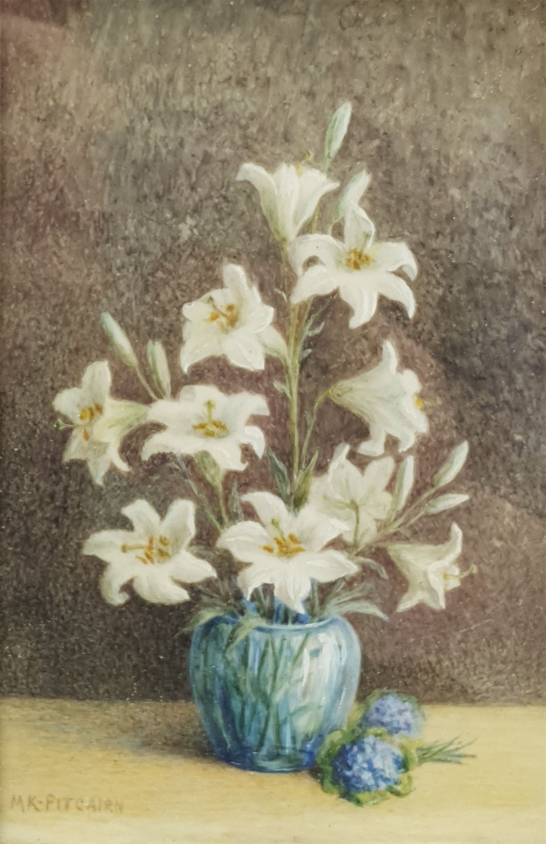 M K Pitcairn (20th century): Still Life of Lillies, miniature on ivory signed 13cm x 8cm
