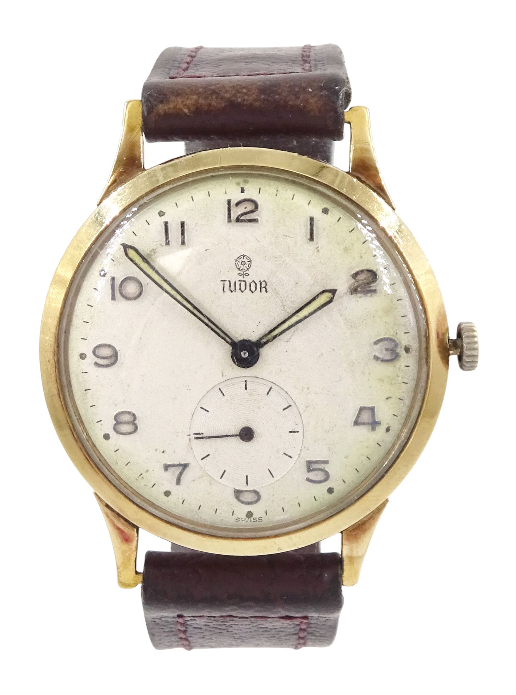 Tudor gentleman's 9ct gold manual wind wristwatch, silvered dial with Arabic hour markers and subsidiary seconds dial, Edinburgh 1960, on brown leather strap
