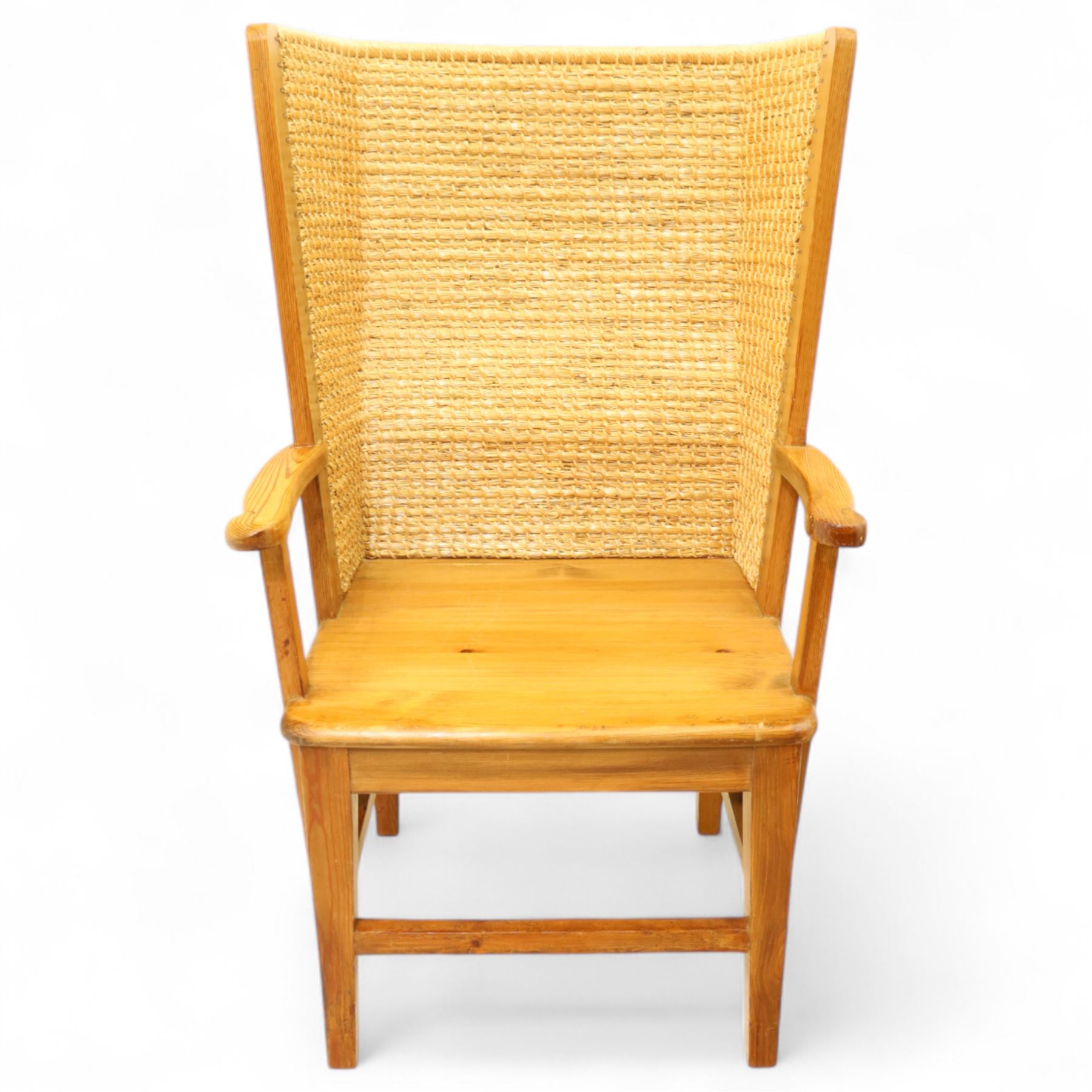 Pair of 20th century full-size pine Orkney chairs, high-back armchairs of traditional design, pegged and wedged construction, wrap-around backrest and sides, above scrolled out-swept arms and solid rounded pine seat, raised on square tapering legs united by stretchers, hand-signed ‘Jackie Miller’ and stamped ‘Orkney’
