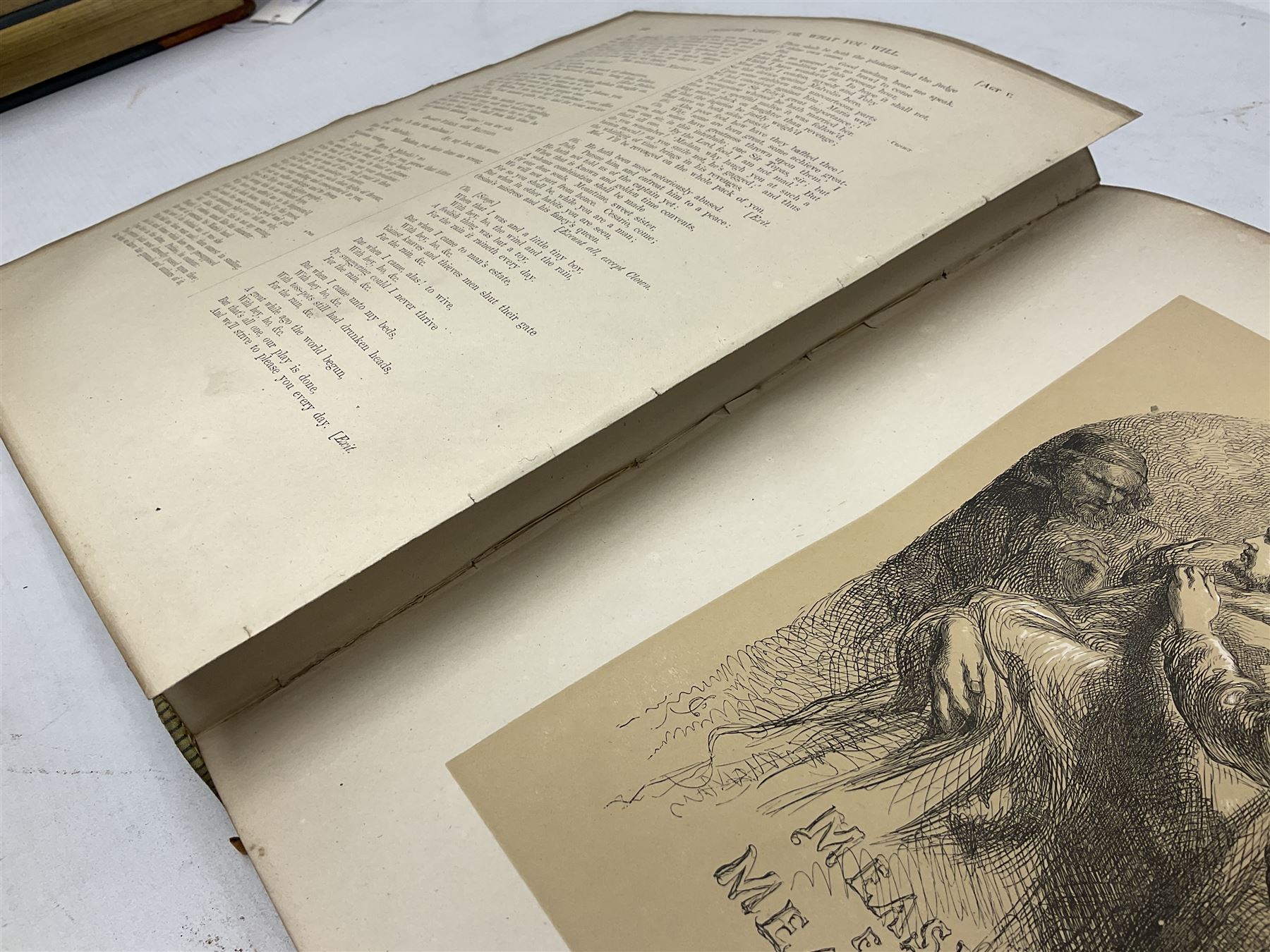The Library Shakspeare Illustrated by Sir John Gilbert, George Cruikshank and R. Dudley with laid-in colour plates, three volumes, uniformly bound in half leather with a.e.g.