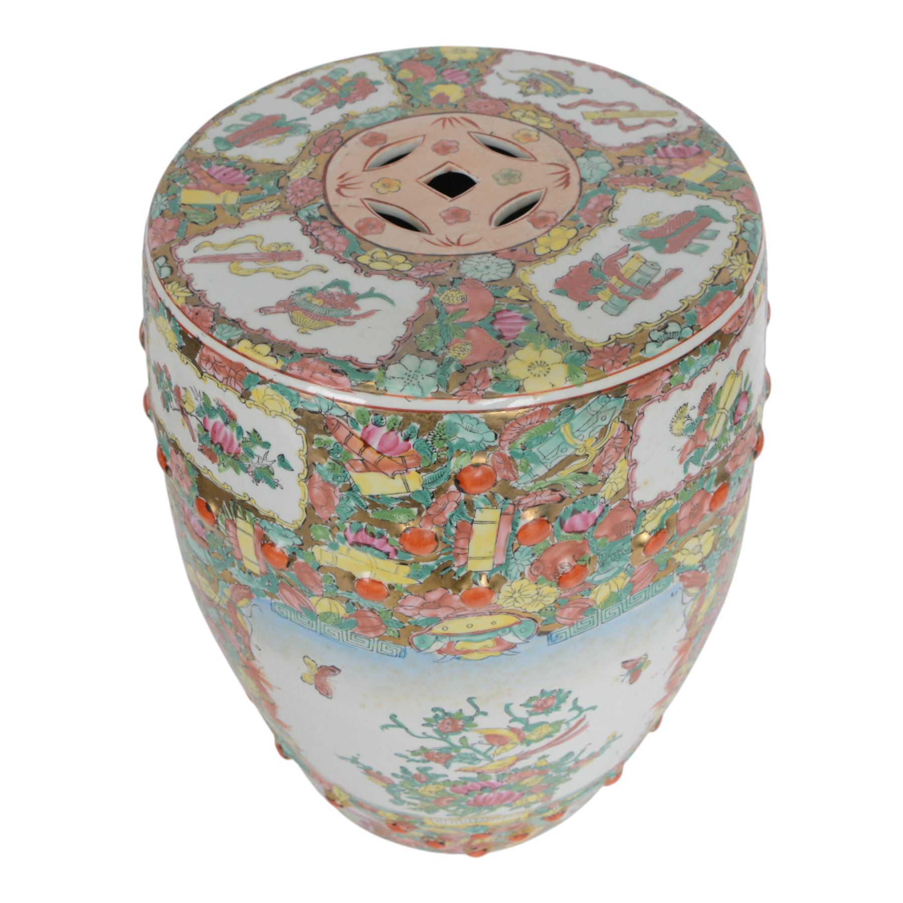  Chinese famille rose canton barrel shaped garden seat decorated with birds amongst foliage, figures and butterflies, H46cm