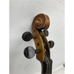 Czechoslovakian violin c1920 with 36cm two-piece maple back and ribs and spruce top, bears label 'Copy of Antonius Stradivarius Made in Czechoslovakia' L59cm; in carrying case; 1950s Czechoslovakian violin; and 195os Czechoslovakian three-quarter size violin; both cased (3)