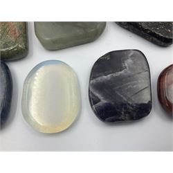 Fifteen mineral specimens, each cut and polished to highlight natural formations, including tiger eye, amethyst, green aventurine, jasper, opalite, rhodonite etc, L4cm
