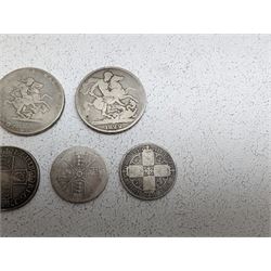 Queen Anne 1708 half crown E below bust with engraved initials to obverse, George III 1818 and 1820 crowns, George IIII 1822 crown and three Queen Victoria silver one florin coins