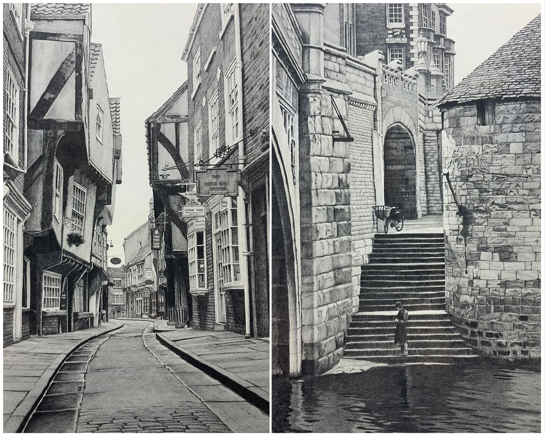 Stuart Walton (Northern British 1933-): Steps Leading from Wellington Row beneath Lendal Bridge to the River Ouse York and the Shambles York, pair limited edition black and white prints signed and dated '78, 28cm x 18cm (2)