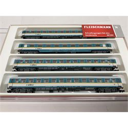 Fleischmann 'N' gauge - No.881203 Schnellzugwagen-Set alex Sonderserie; another Alex restaurant car with pantograph over No.816202; and three other passenger coaches/restaurant car Nos.7444K, 860601 & 860701; all boxed (5)