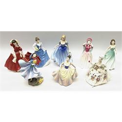Eight Royal Doulton figures, comprising Helen HN3601, Gentle Breeze HN4317, Faye HN4523, Melissa HN3977, Ellen HN4231, Diana HN2468, USA HN2394, and Sophie HN3257. 