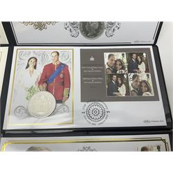 Three Queen Elizabeth II Tristan da Cunha silver proof coin covers, comprising 2021 'Royal Wedding Anniversary', 2022 'Queen Elizabeth II's Memorial Laurel' and 2022 'His Royal Highness Prince William The Duke of Cambridge', all in Harrington and Byrne folders