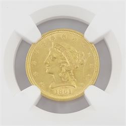 United States of America 1861 Liberty head type 2 gold two and a half dollar coin, encapsulated and graded AU58 by NGC