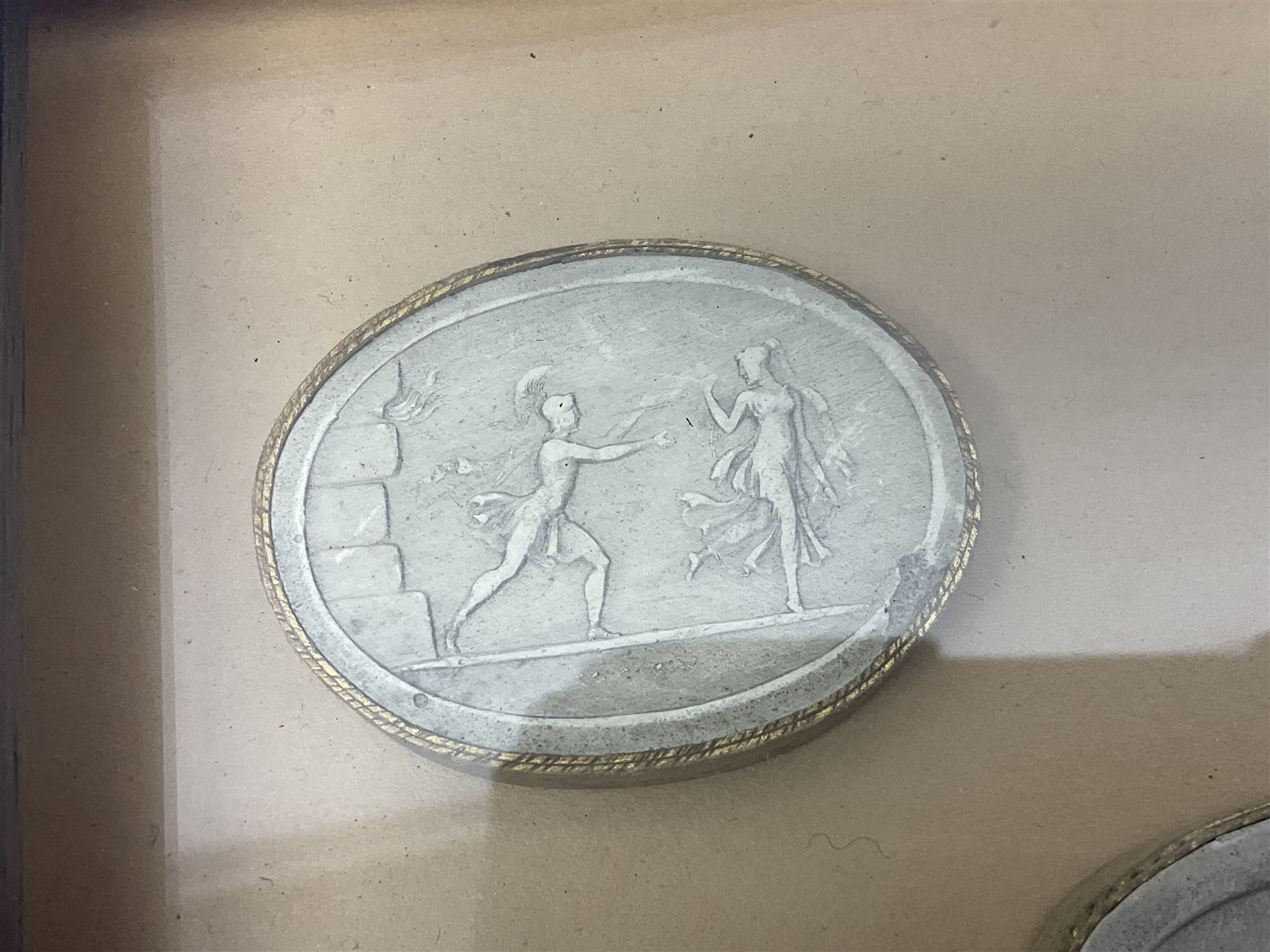 Set of six 19th century Grand Tour plaster intaglios, each depicting classical figures, frame H25cm, W19cm