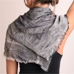 Mulberry - three scarves, comprising grey scarf with repeating tree motif, tan, cream and grey check scarf, and charcoal grey scarf with oversized ‘Mulberry’ motif, all with fringed edges (3)