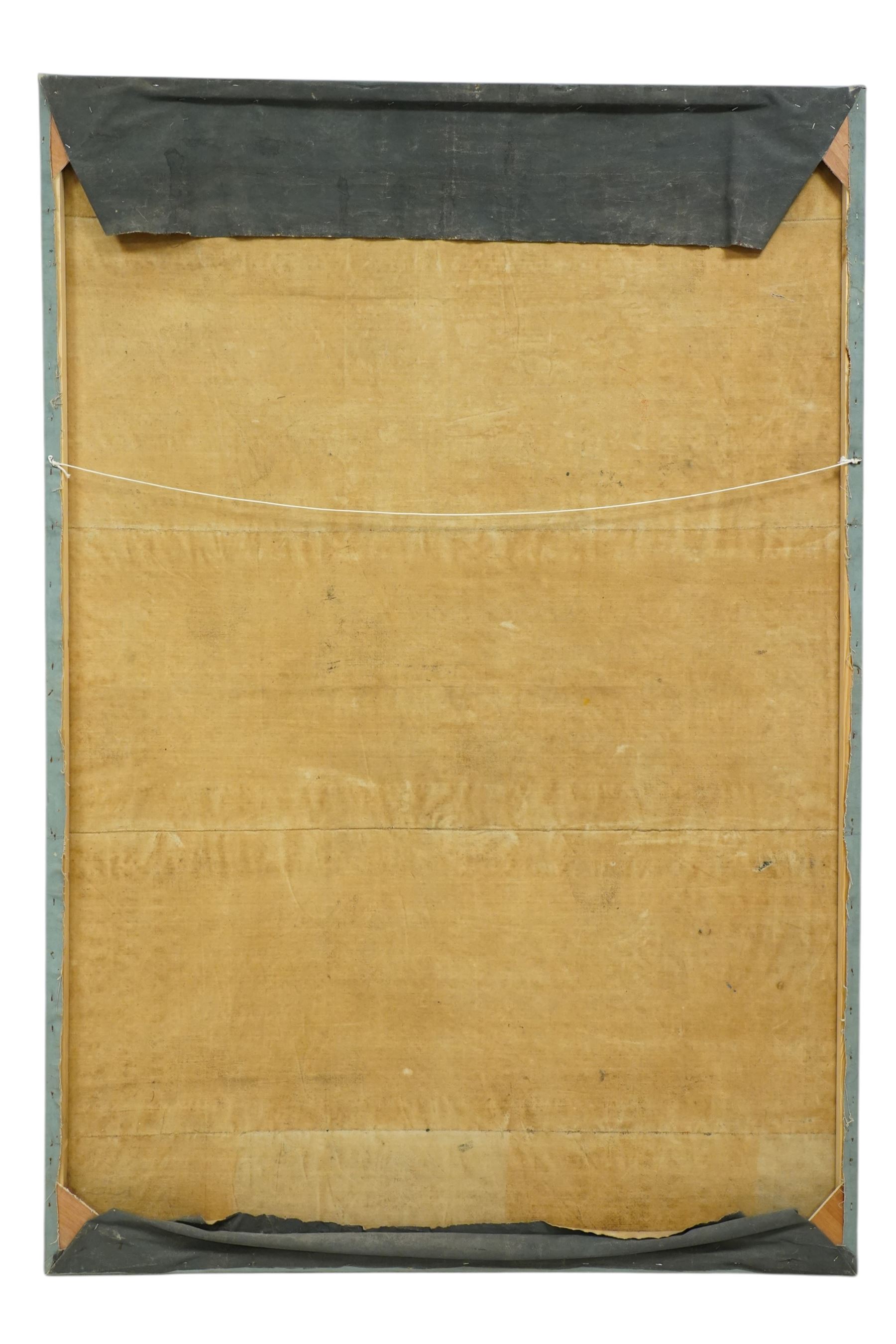 Large and impressive Chinese ancestral portrait, late Qing dynasty, gouache on stitched canvas with gilded highlights, showing thirty-eight sitters across four registers, the principal ancestors depicted before an altar table holding various ritual items, each in official dress and many wearing Golden Pheasant (Second-rank) and Silver Pheasant (Fifth-rank) Mandarin squares or 'buzi', overall 190cm x 131cm 