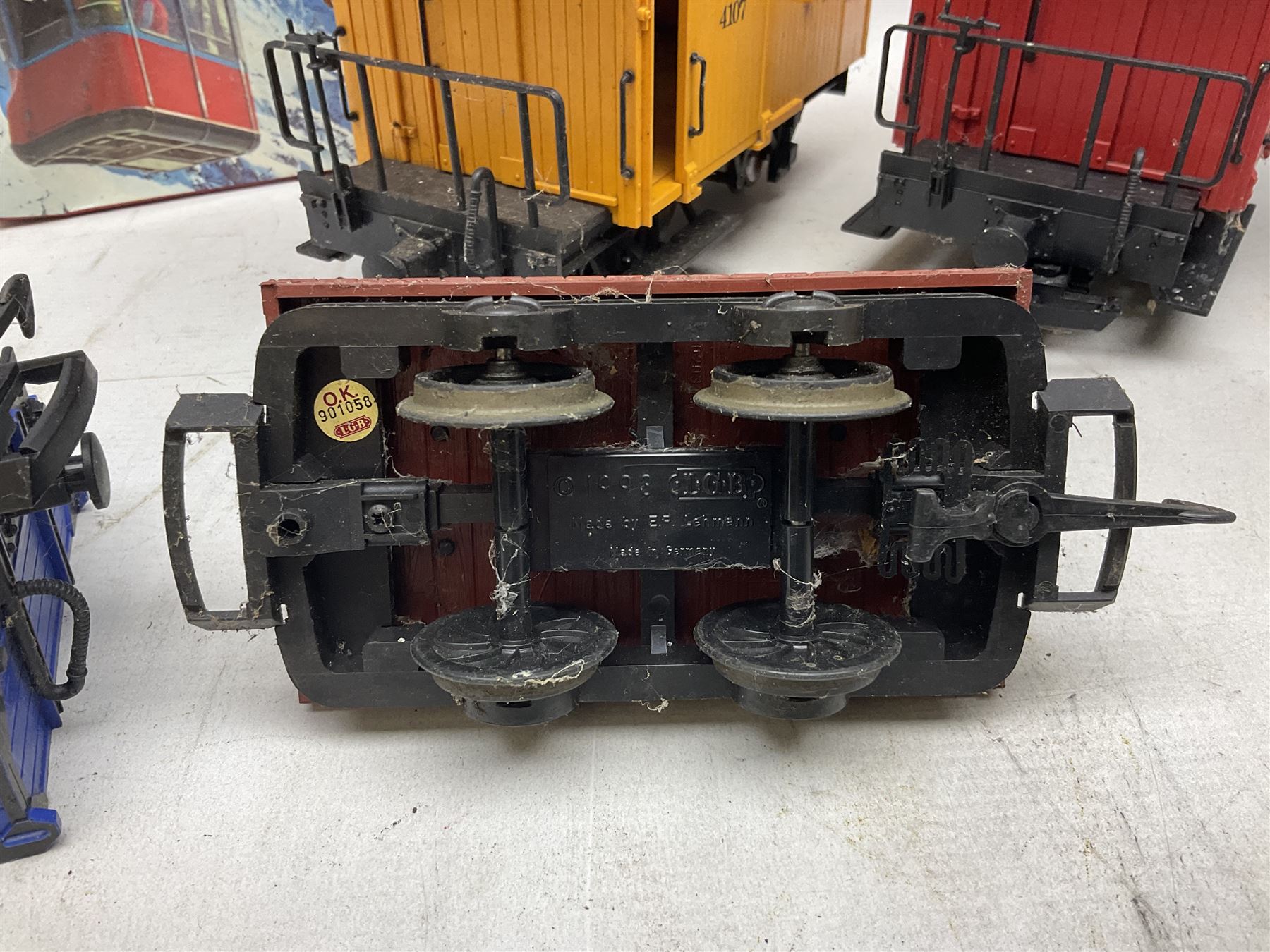 Three LGB (Lehmann Gross Bahn) G scale, gauge 1, rolling stock wagons, comprising two Lake George and Boulder wagons and an Auto Express wagon, together with a LGB passenger coach, other LGB rolling stock and a Lehmann Rigi900 ski lift