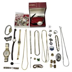 Rotary 9ct gold gentleman's quartz presentation wristwatch, on black leather strap, boxed, silver town charm bracelet, 9ct gold cross pendant necklace, silver marcasite necklace, clip on earrings and ring and other costume jewellery