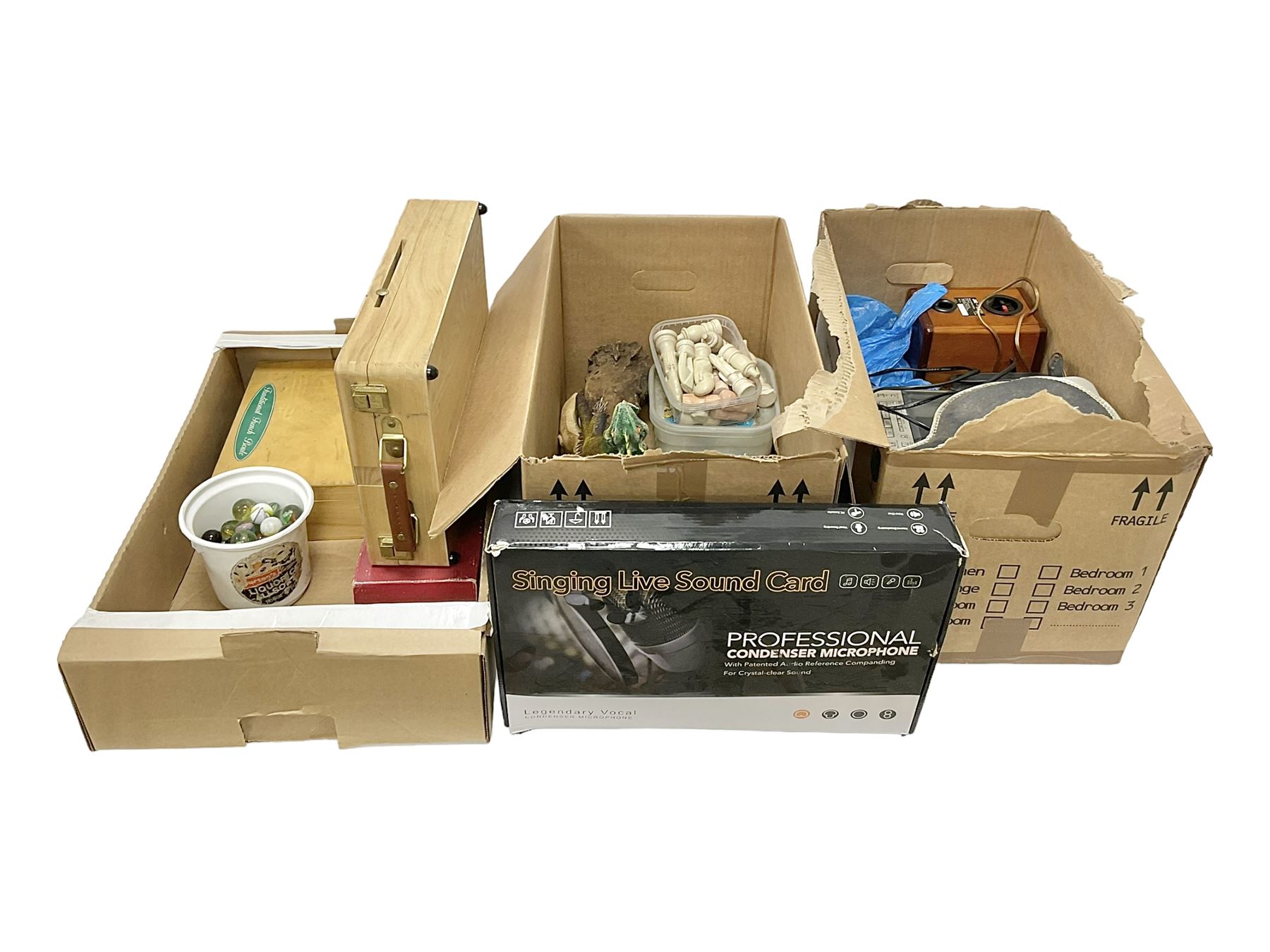 Condenser microphone, together with CD player, carved chess set, wooden figures etc in three boxes  