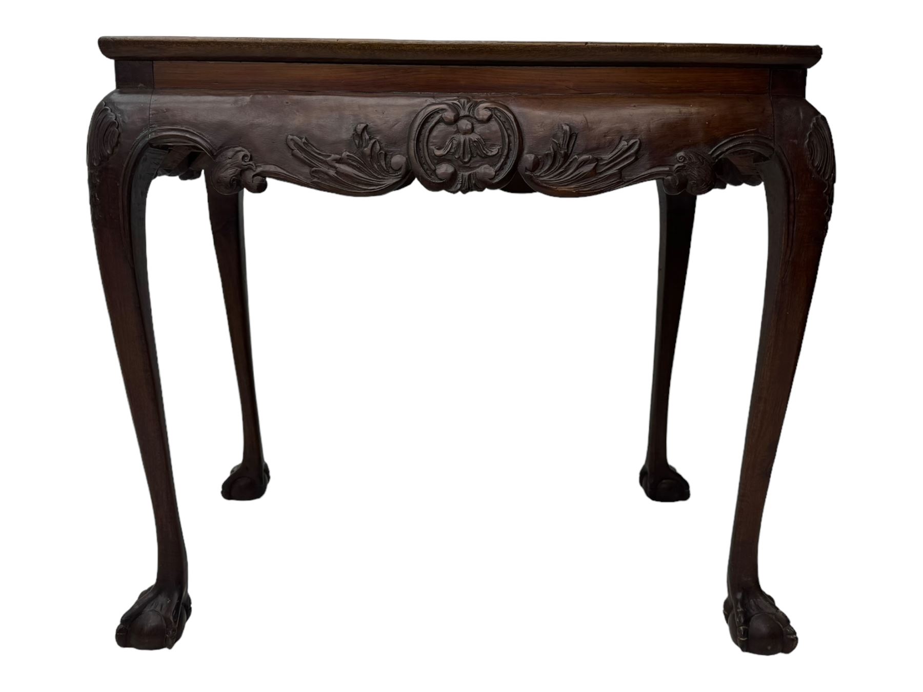 Late 19th to early 20th century mahogany side table, rectangular top with applied raised moulding, curved upper rails carved with C-scroll cartouches and extending curled leaves, bellflower carved cabriole supports with ball and claw feet 