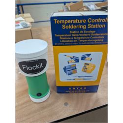 Collection of model railway control units, accessories and tools, including Lenz Digital Plus LZV100 with remote, H and M Electran Transistorised Power Unit, H and M Duette twin supply unit, motors, points, paints, Antex Soldering System, Flockit, etc, in three boxes