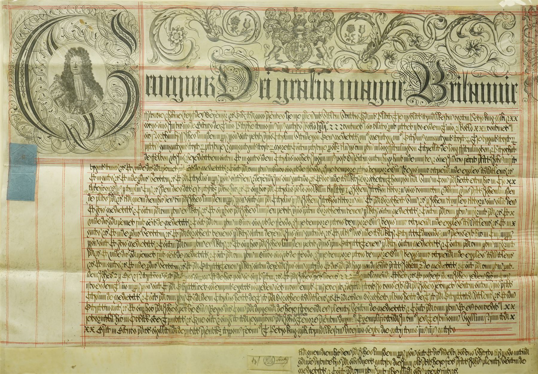 George I indenture on vellum in black ink with ornate headline and engraved portrait of George I, framed 85cm x 95cm overall