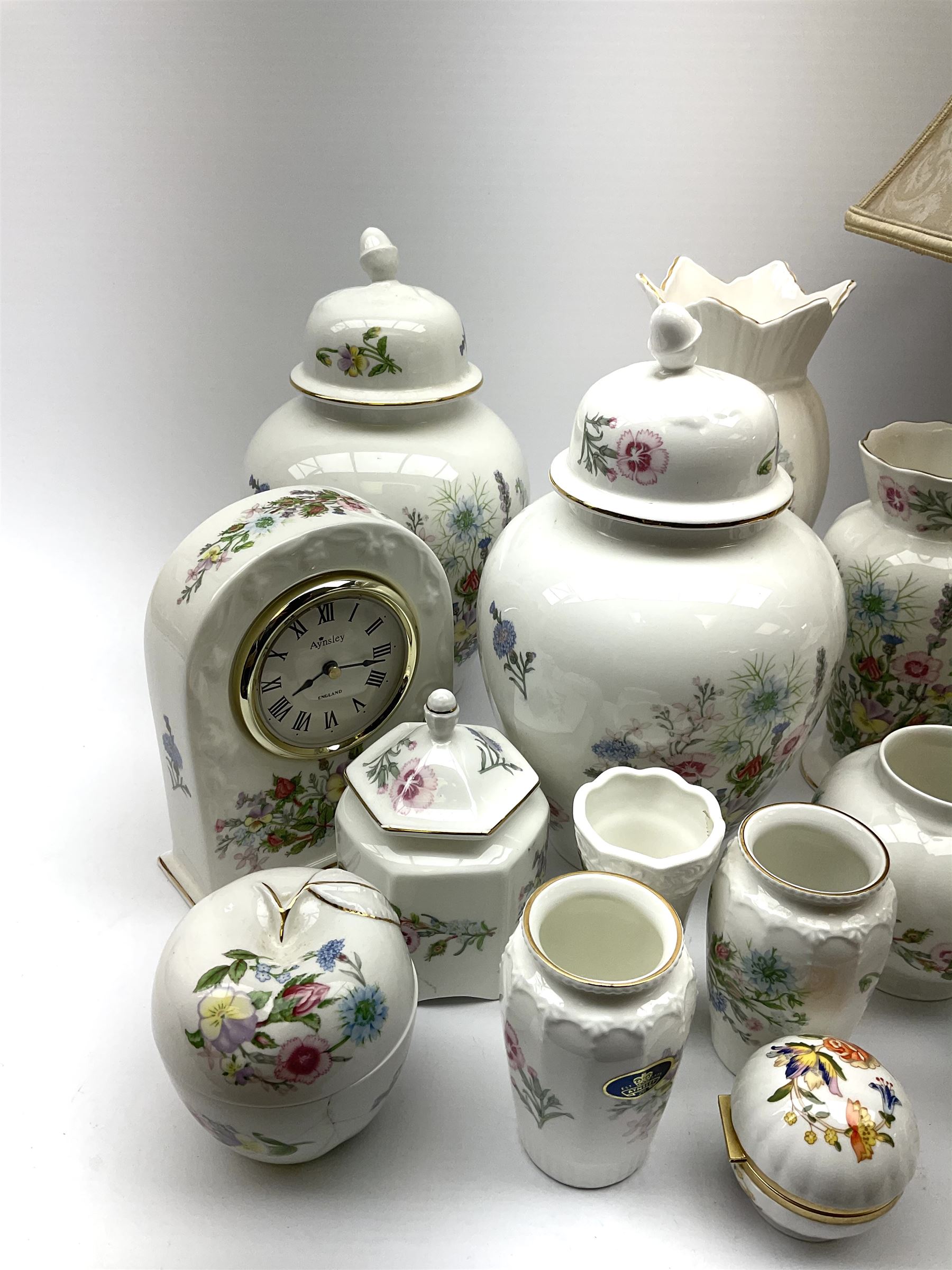 Collection of Aynsley Wild Tudor, including table lamp with shade, H48cm, clock, a selection of vases of various sizes etc, Aynsley cottage garden, trinket box, owl and ceramic floral decorations. 