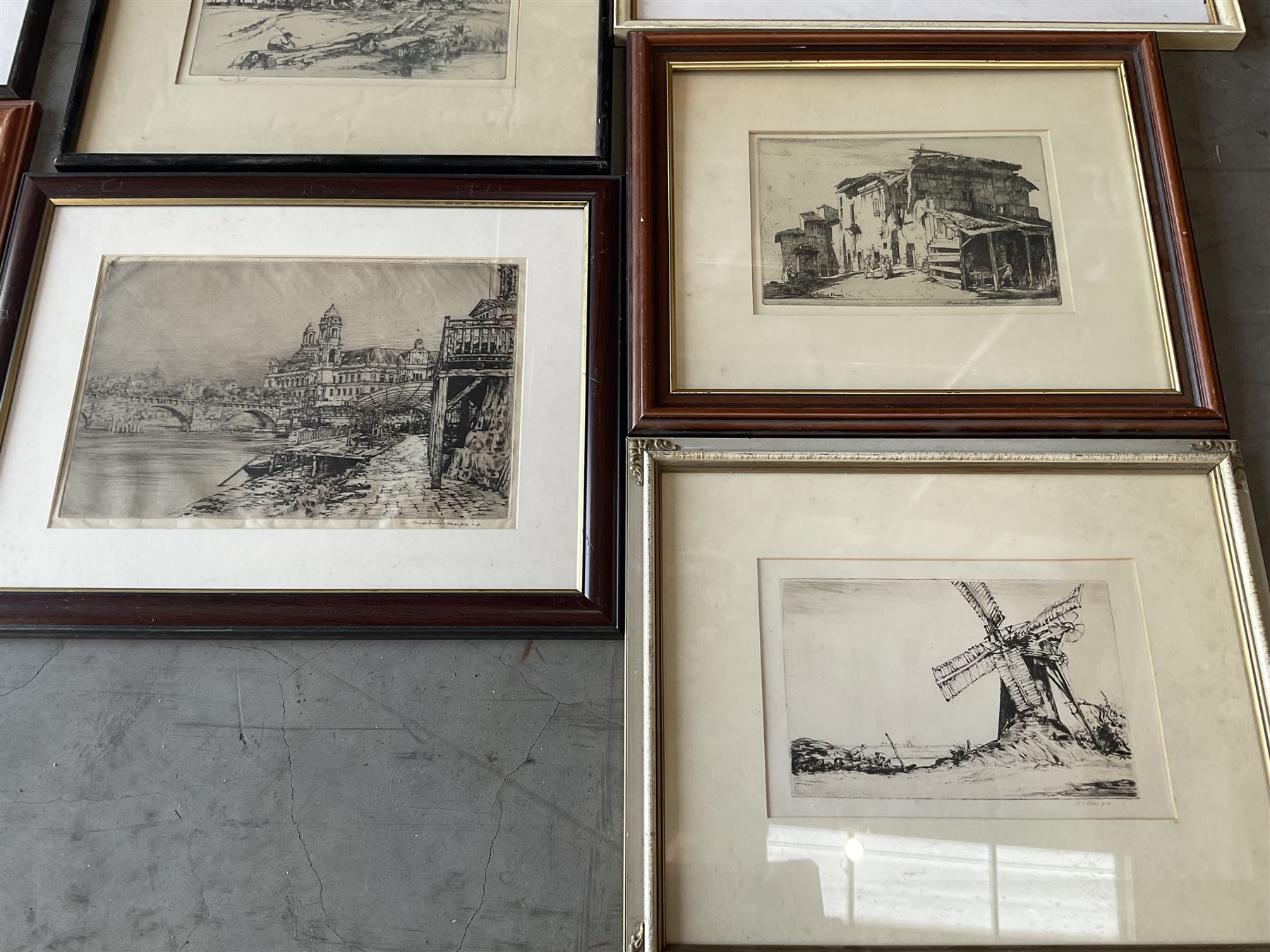 Collection of etchings, artists including Alfred Blundell, Hedley Fitton, William Walcot, Norman James, Oliver Hall, Francis Sydney Unwin, Mortimer Menpes, William P Robins, Piers Browne, etc, together with a Bernard Dunstan lithograph (15)