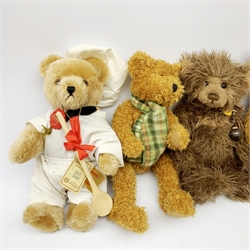 Modern Steiff teddy bear with brown plush body and white muzzle, pads and ears H37cm; Charlie Bears 'Scruffy Lump' teddy bear; Hermann limited edition chef teddy No.621/2000 and limited edition 'Agathe' teddy No.120/1500; and Sunkid teddy bear (5)
