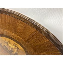 Late 19th/early 20th century mahogany and marquetry inlaid tray, of oval form with twin scrolled handles and moulded border, the central panel inlaid with figures seated at a table drinking tea, L99cm