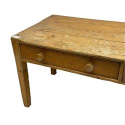 Victorian pine farmhouse dining table, rectangular three plank top over two drawers, on square tapering supports